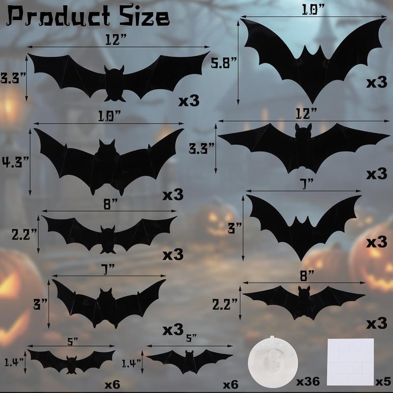 Dr.DuDu 36 Pack Halloween Bats Wall Decor – Lighted 3D Bat Stickers Assorted Size for Halloween Party, Bedroom Window Decorations, Indoor and Outdoor Home Decals - Image 3